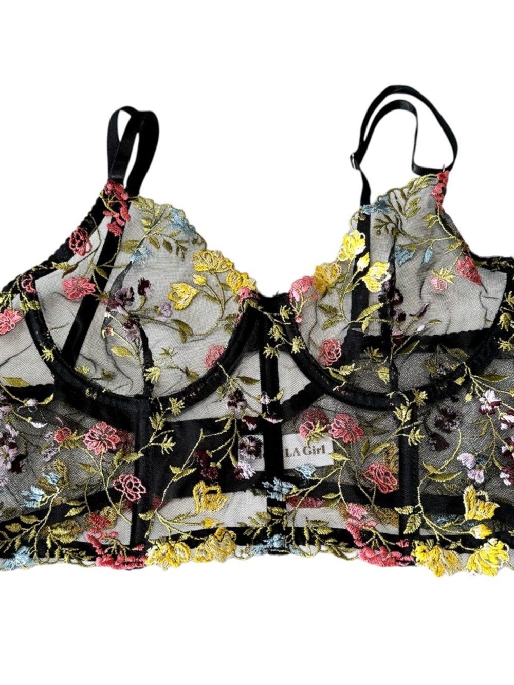 Hello LA Girl Sheer Embroidered Black Lace Underwire Bustier Bra Sz Small